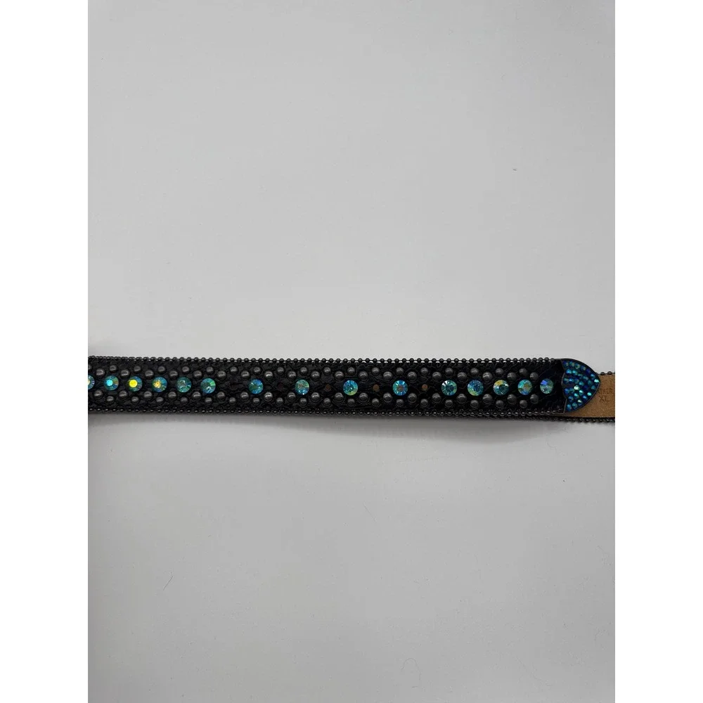 Western Rhinestone Bling Belt Black Genuine Leather Blue AB Crystal Studded XL